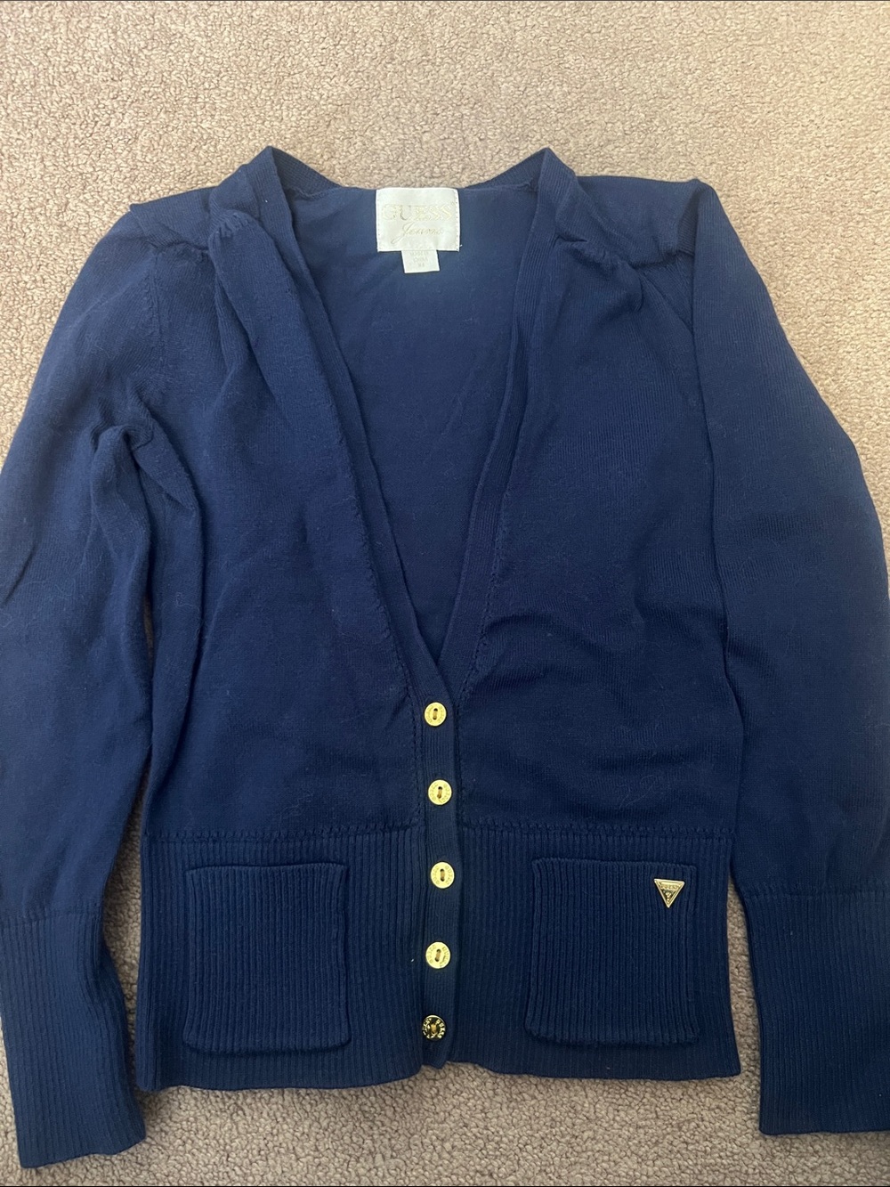 Guess Navy V-Neck Cardigan with Gold Buttons
